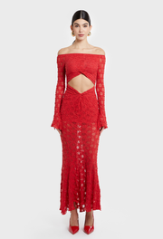 RED DONNA OFF SHOULDER DRESS