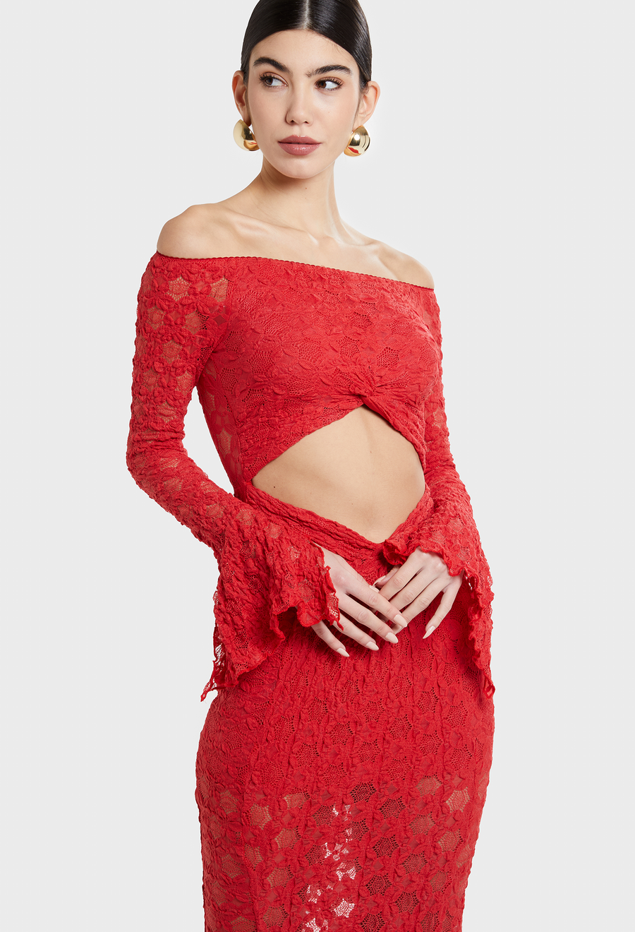 RED DONNA OFF SHOULDER DRESS