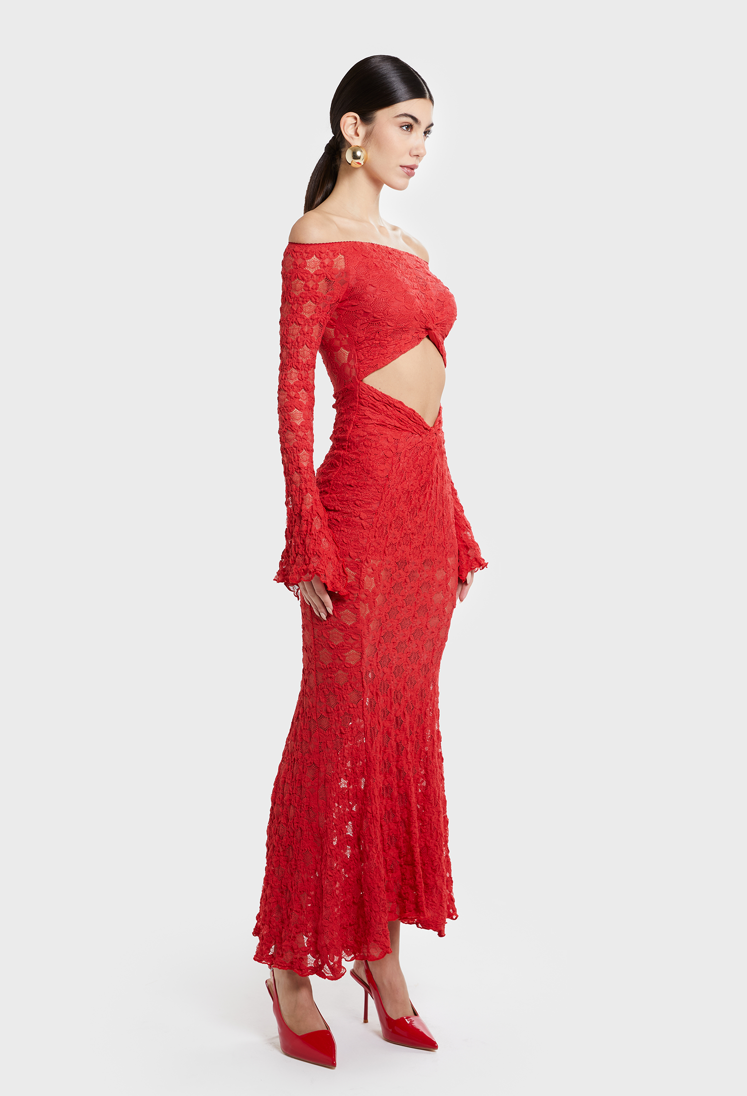 RED DONNA OFF SHOULDER DRESS